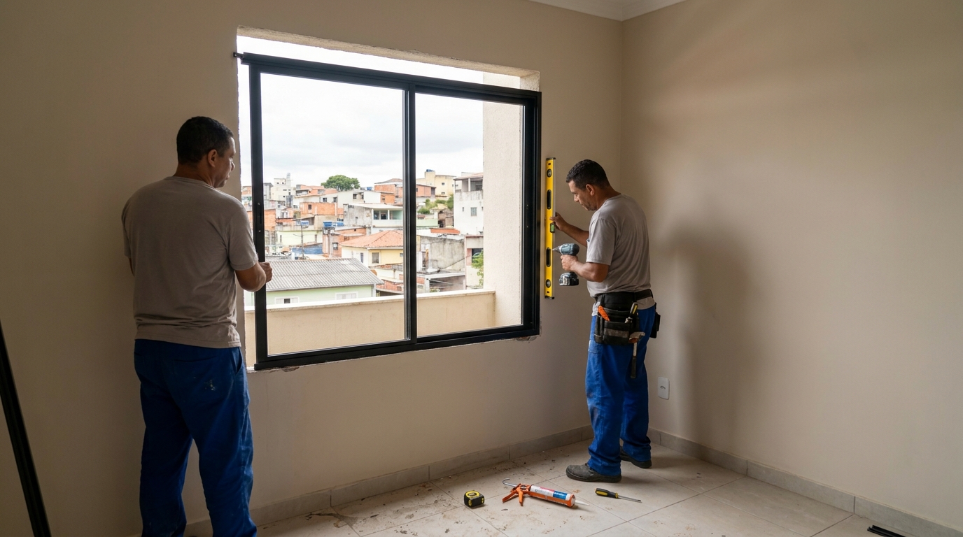 Esquadria de alumínio em quarto bege em Juiz de Fora-MG