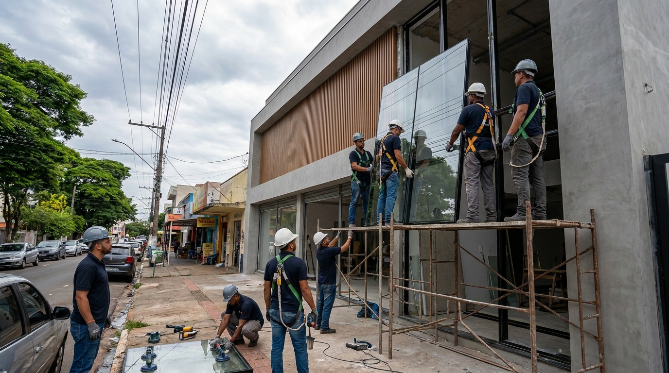 Fachada de vidro com andaime lateral em Juiz de Fora-MG