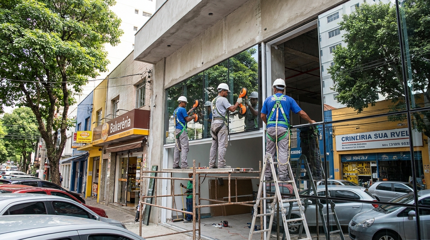 Fachada de vidro com confeitaria vizinha em Juiz de Fora-MG