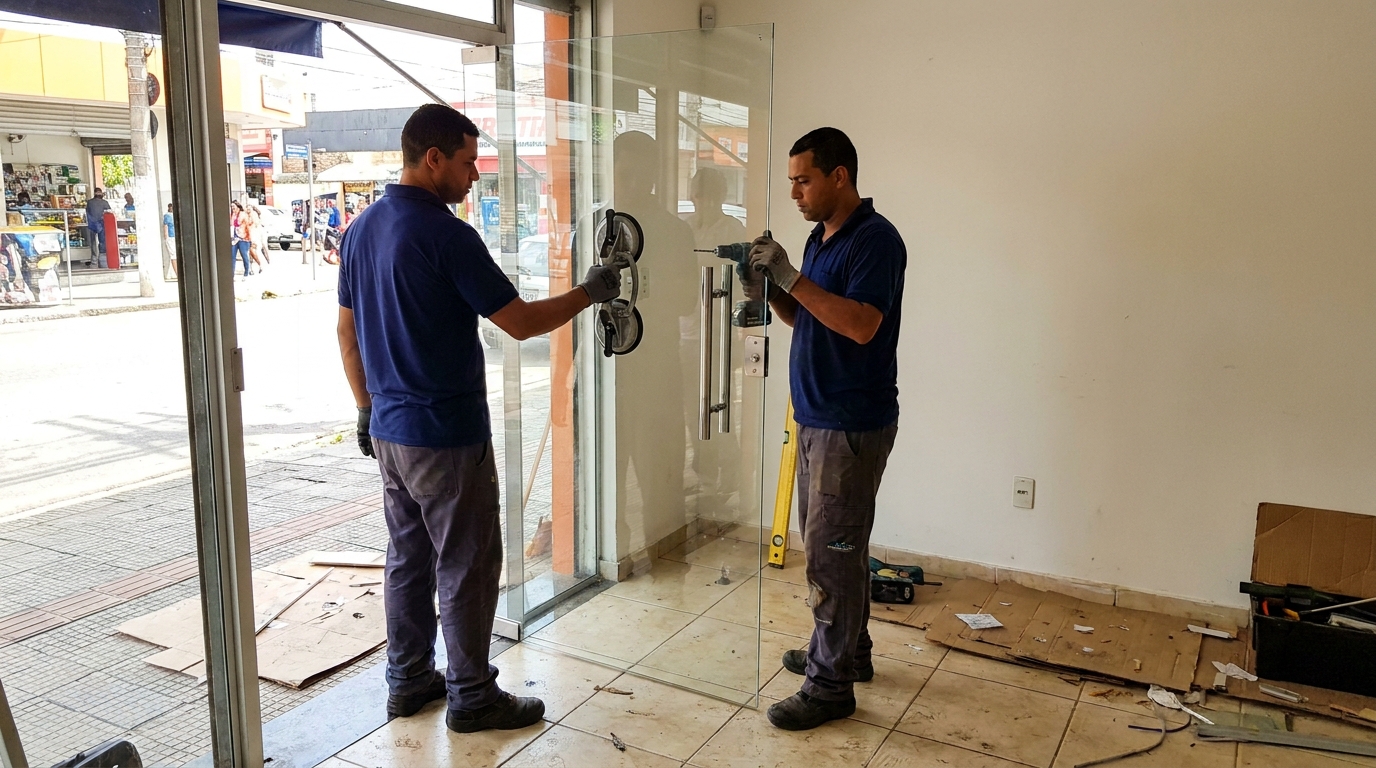 Porta de vidro de loja em rua movimentada em Juiz de Fora-MG